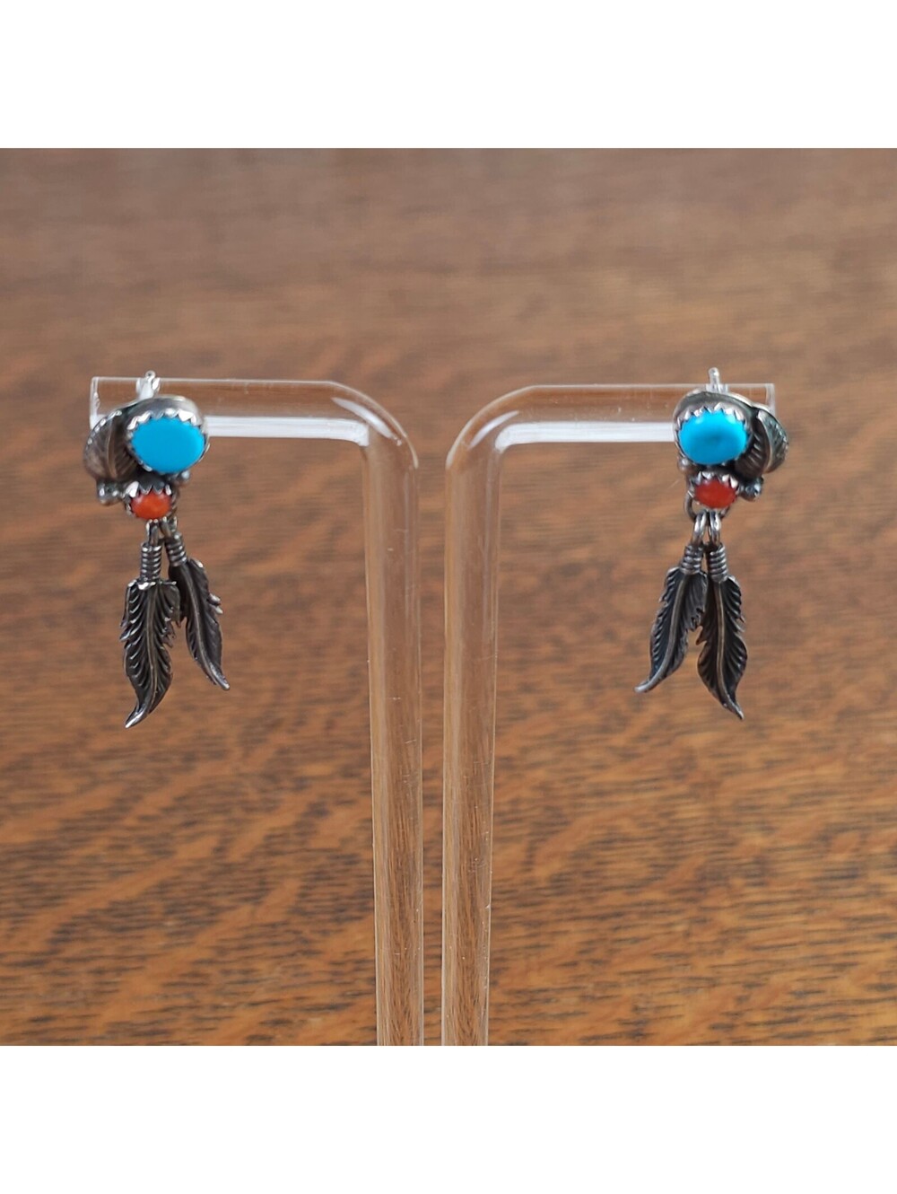 Vintage Richard Begay RB Sterling Silver Turquoise Coral Feather Drop Earrings